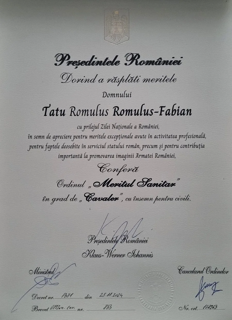Decret prezidențial – Ordinul Meritul Sanitar în grad de Cavaler